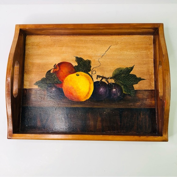 Vintage hand painted Signed Serving Tray Fruits Wood Kitchen Center Dining Decor